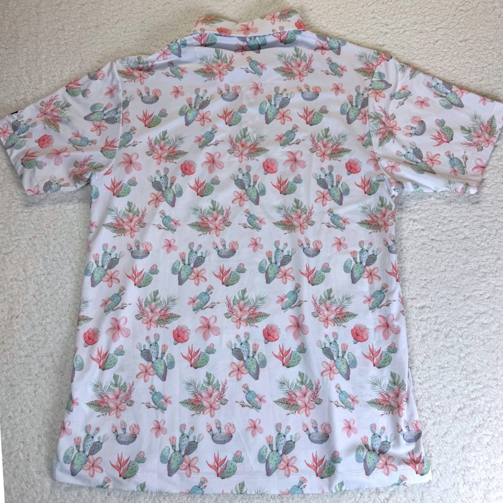Bad Birdie Mens Cactus Desert Floral Performance Golf Polo Shirt White Pink L - Picture 8 of 8